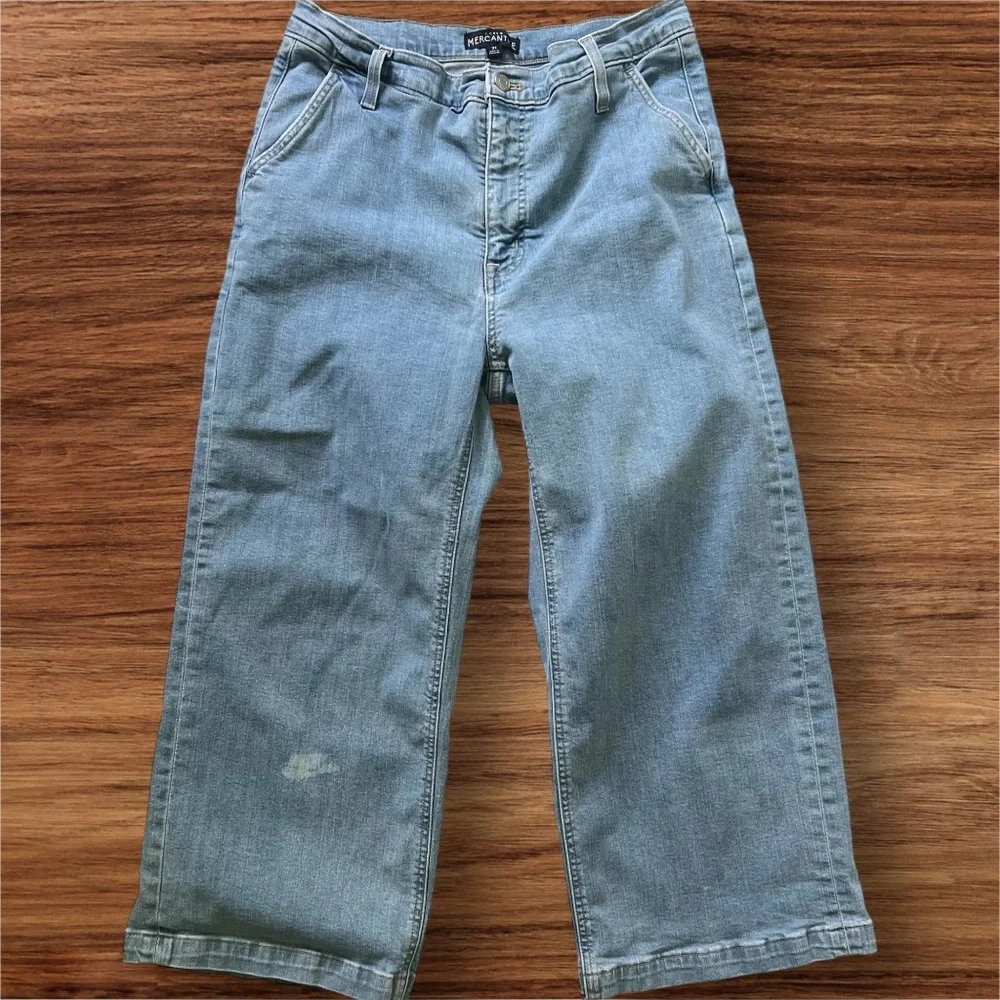 J.Crew Mercantile Size 31 Wide Leg Cropped Jeans Light Blue Denim Pockets Flaw
